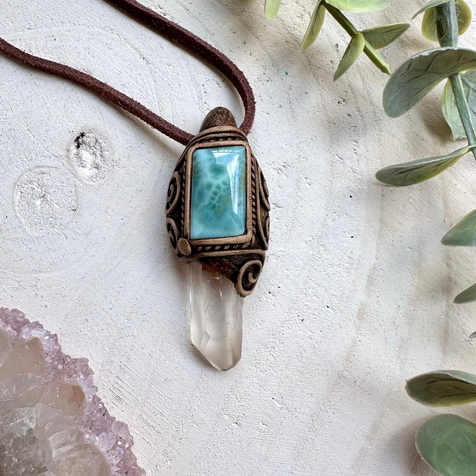 Handmade necklace with lemurian quartz and larimar