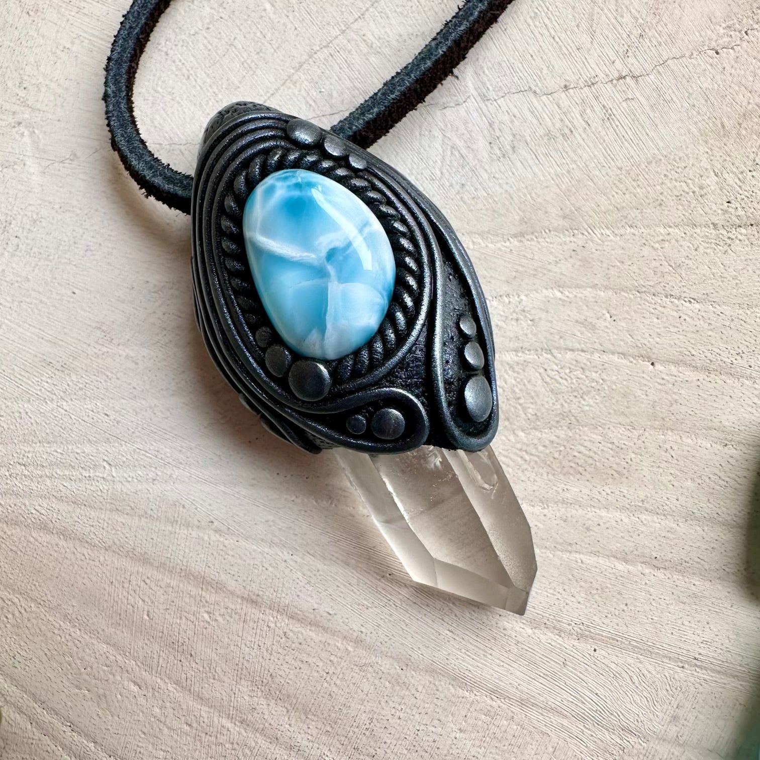 Handmade necklace with lemurian quartz and larimar