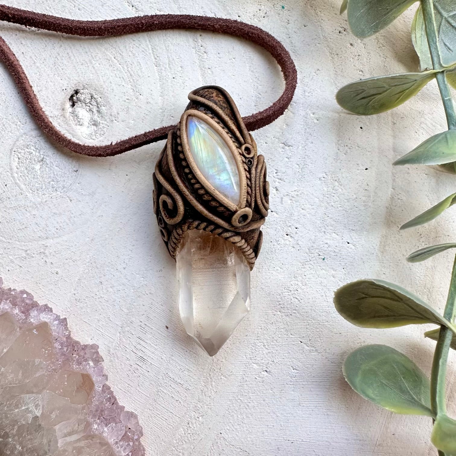 Handmade necklace with lemurian quartz and moonstone