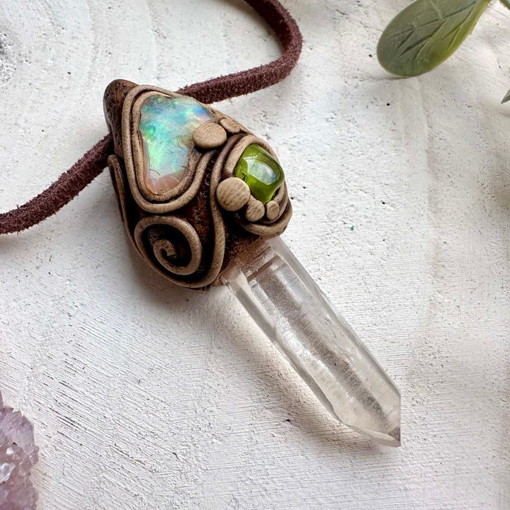 Natural gemstone necklace with lemurian quartz opal and peridot