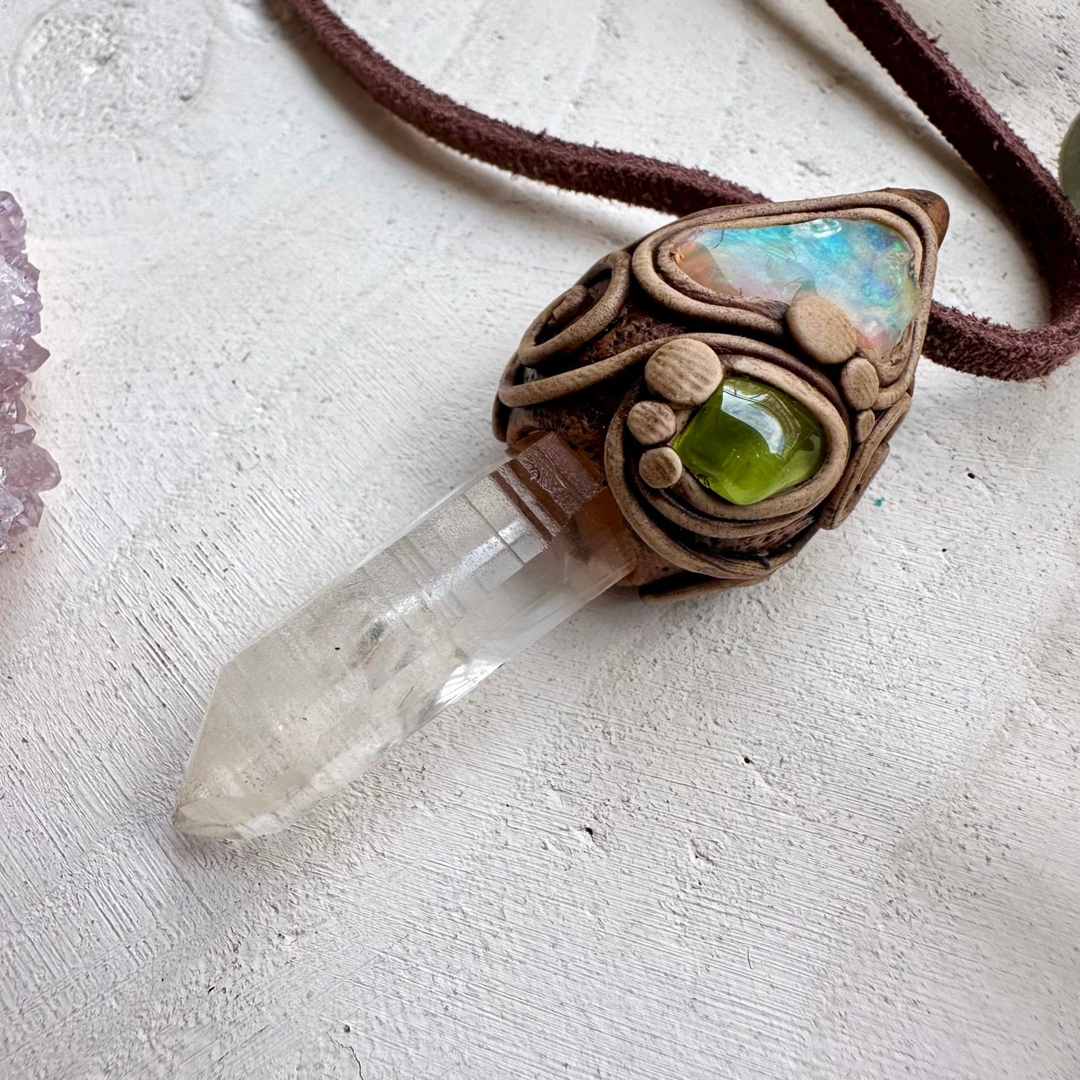 One of a kind lemurian quartz and opal gemstone necklace