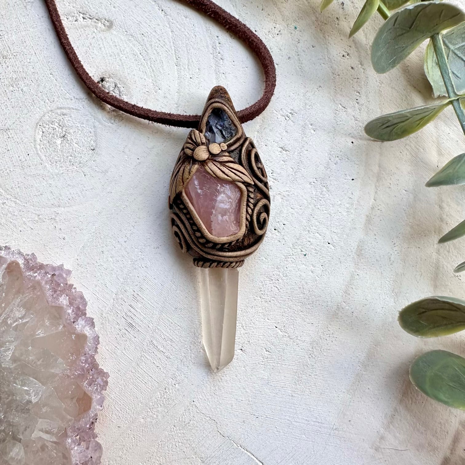Handmade necklace with lemurian quartz rose quartz and tanzanite