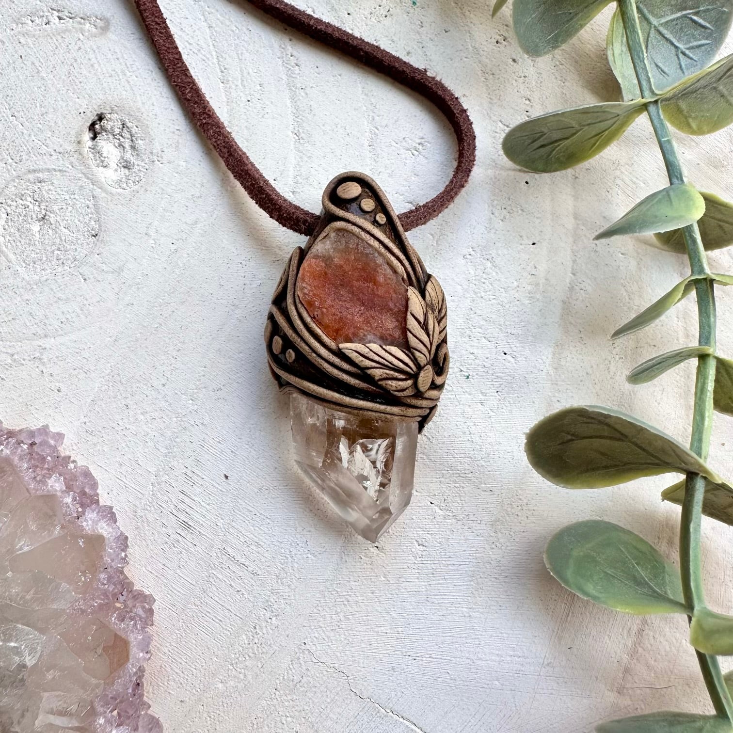 Handmade necklace with lemurian quartz and raw sunstone
