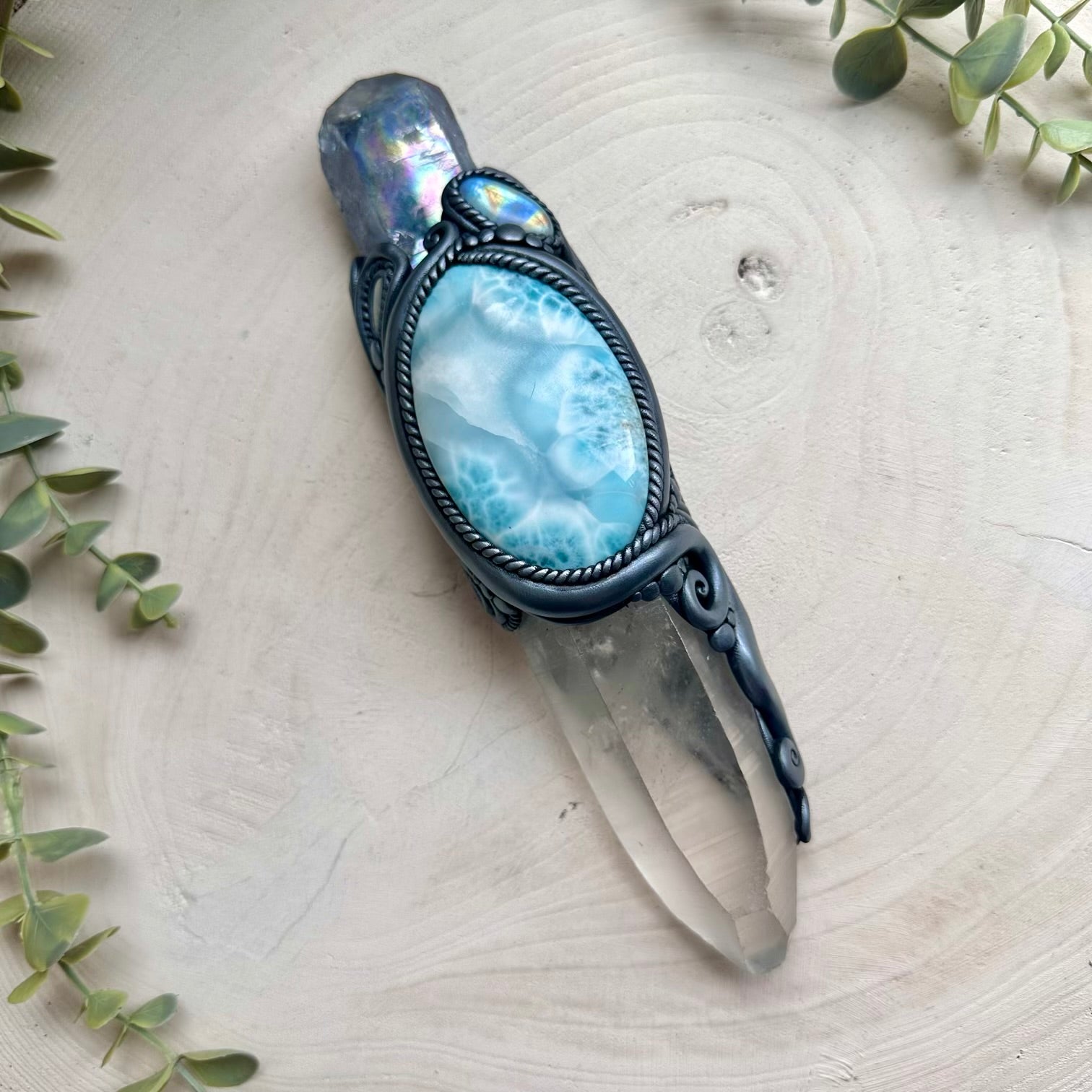 One of a kind witchcraft crystal wand with aqua aura quartz and larimar