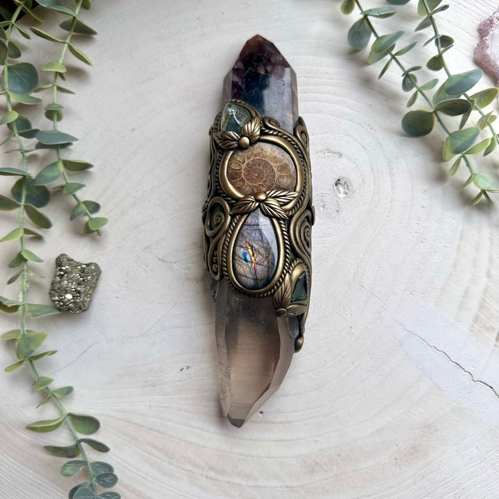 Healing crystal wand with super seven quartz and moldavite