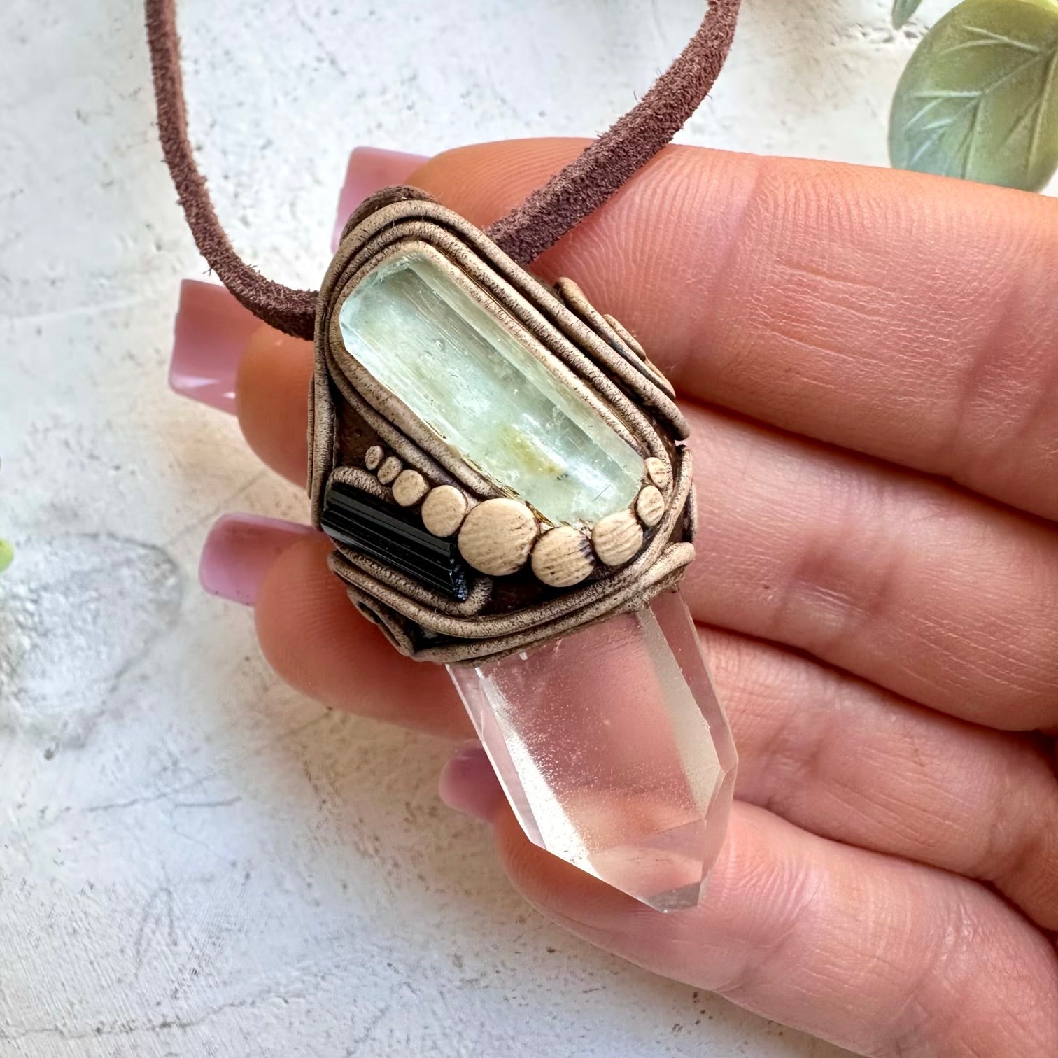 Lemurian seed quartz with aquamarine and blue tourmaline necklace