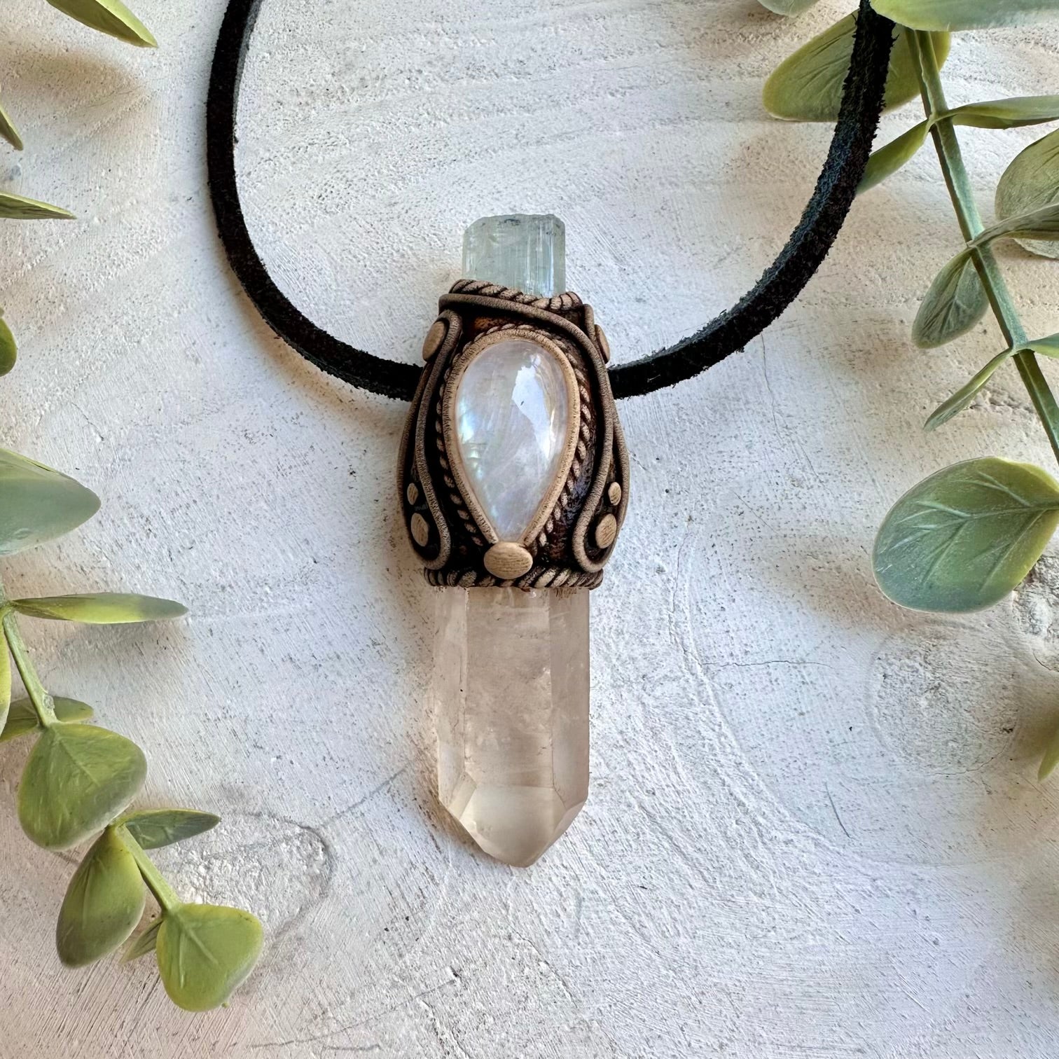 Lemurian seed quartz with aquamarine and rainbow moonstone pendant necklace