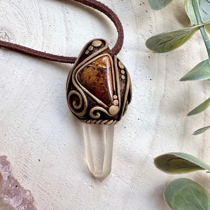 Lemurian seed quartz and boulder opal pendant necklace unisex crystal jewelry