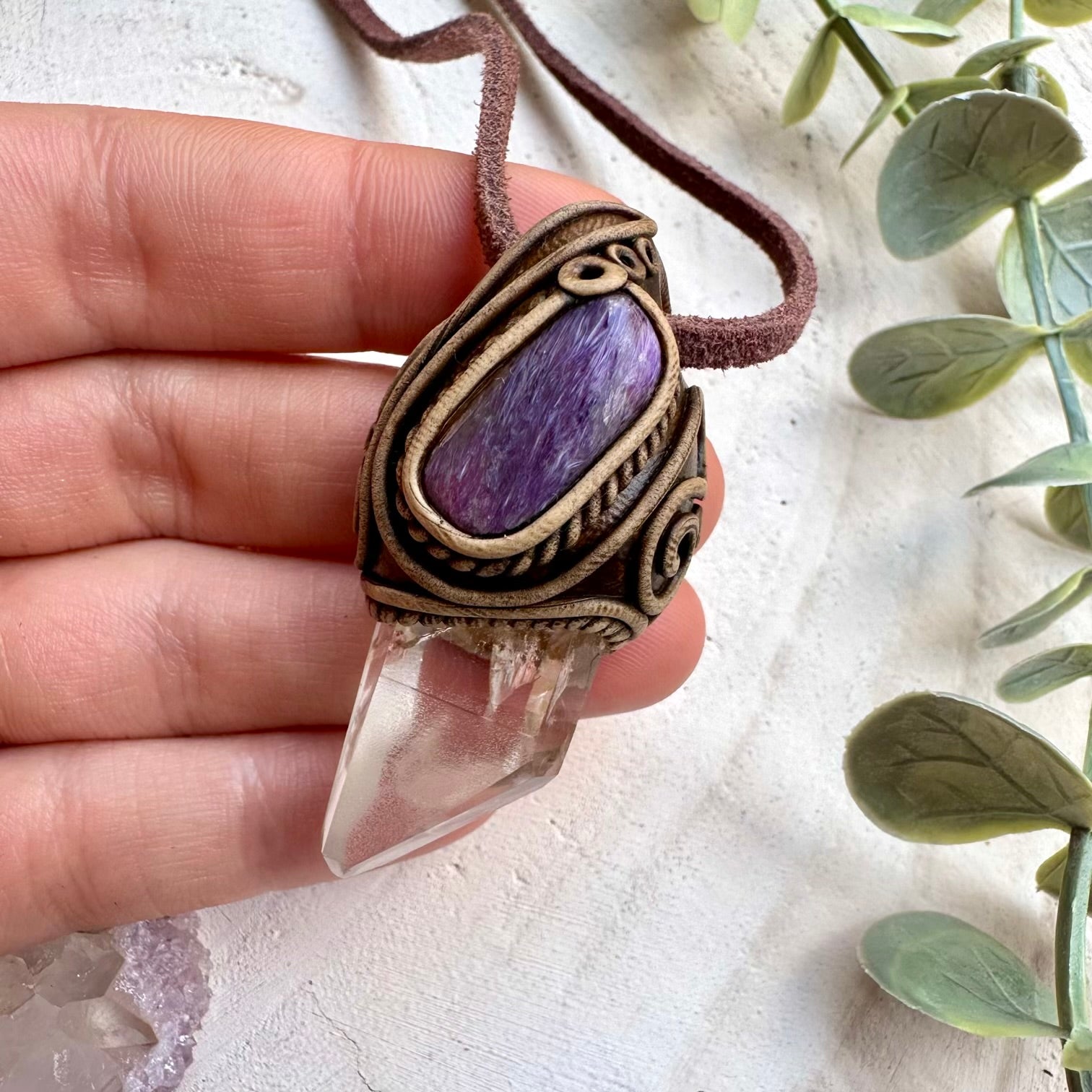 Lemurian seed quartz and charoite pendant necklace