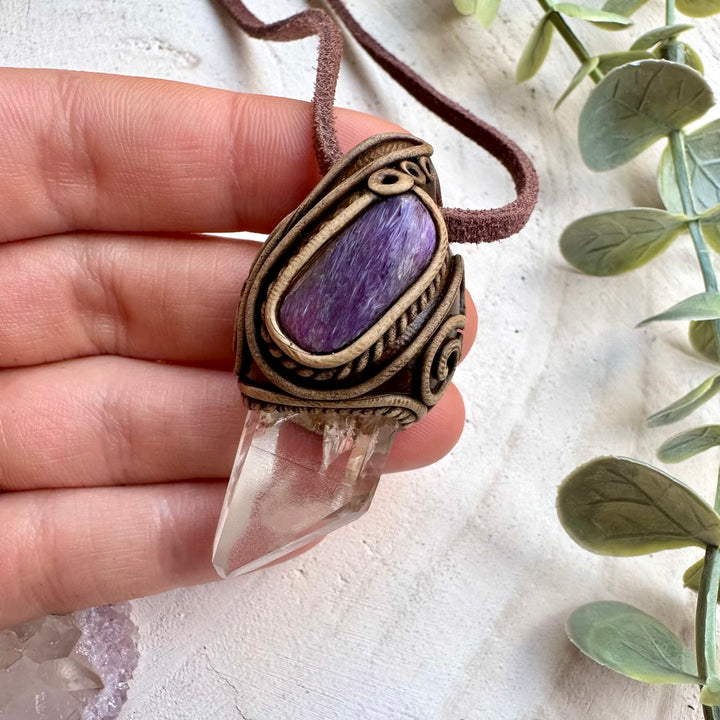 Lemurian seed quartz and charoite pendant necklace
