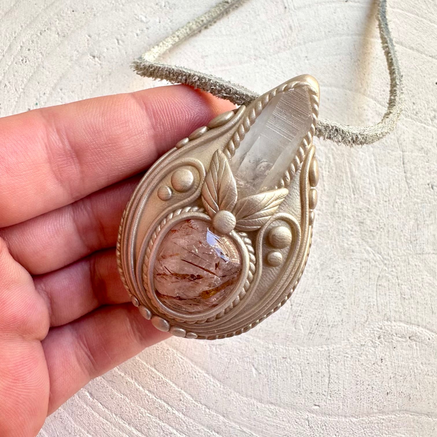 crystal necklace for grounding, higher consciousness, and energy alignment with lemurian seed quartz