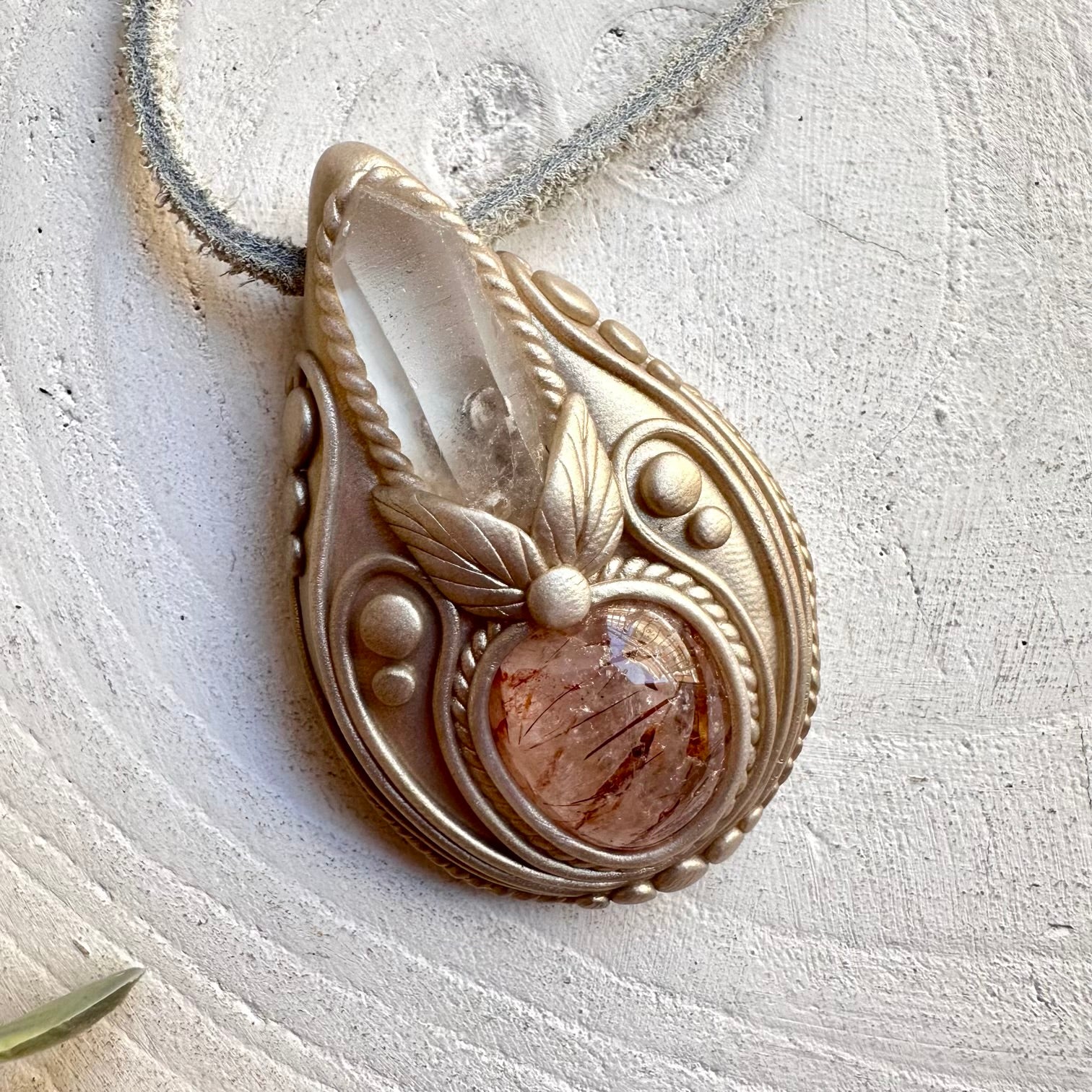 Lemurian Seed Quartz and Hematite Quartz pendant necklace