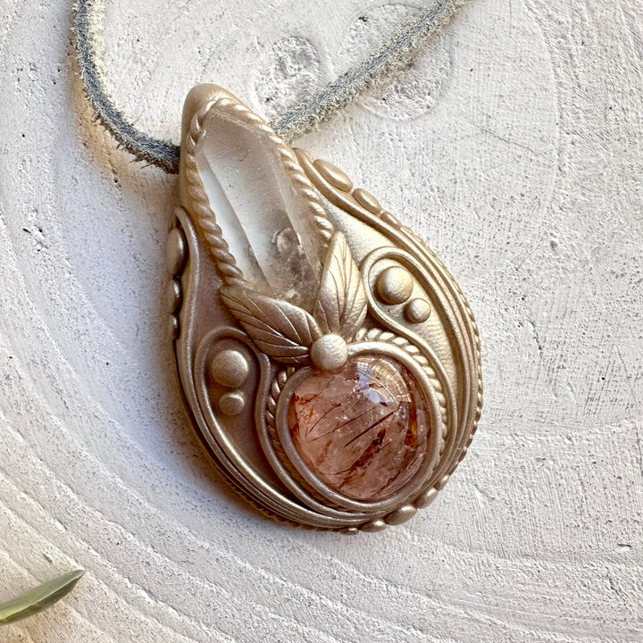 Lemurian Seed Quartz and Hematite Quartz pendant necklace