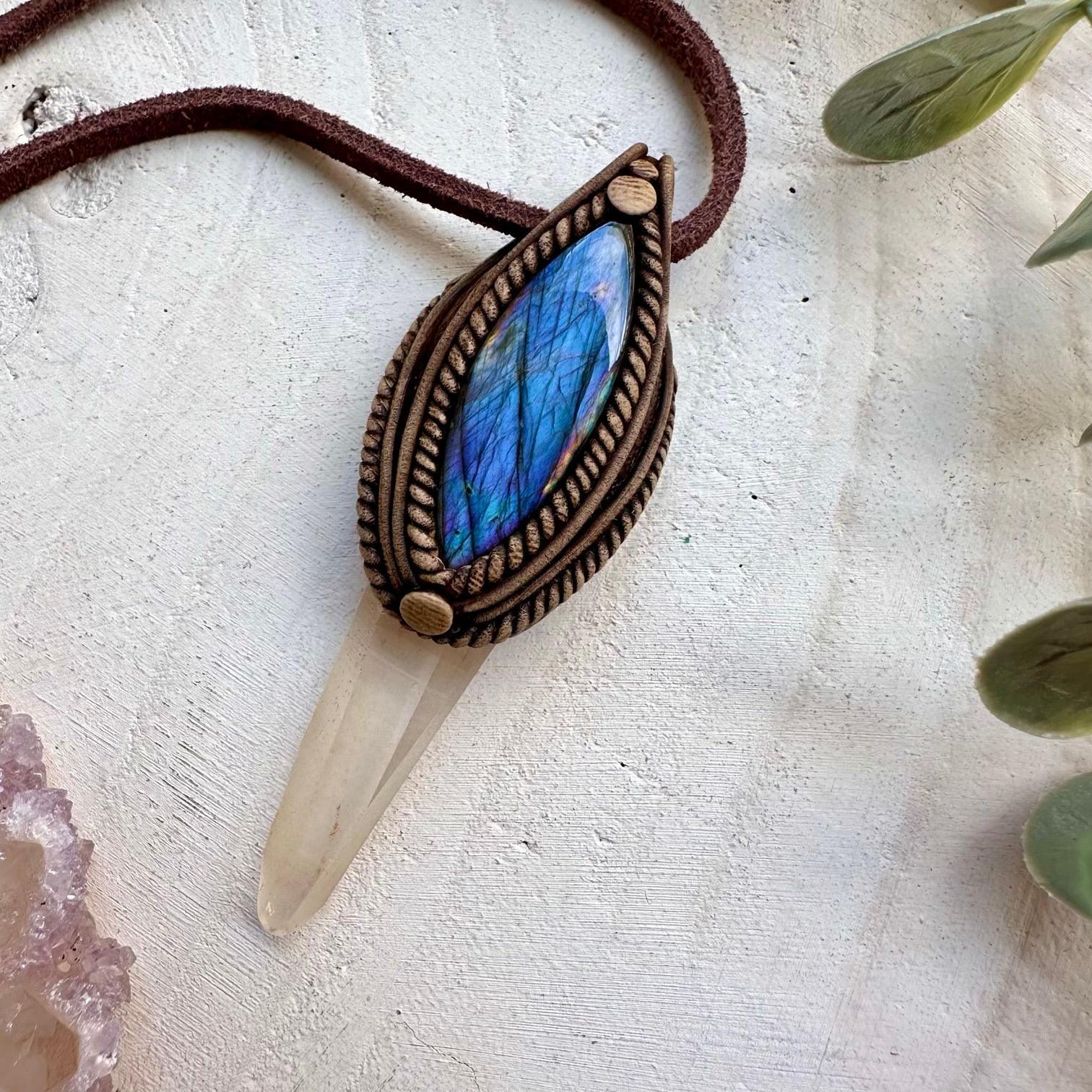 Lemurian seed quartz and labradorite pendant necklace