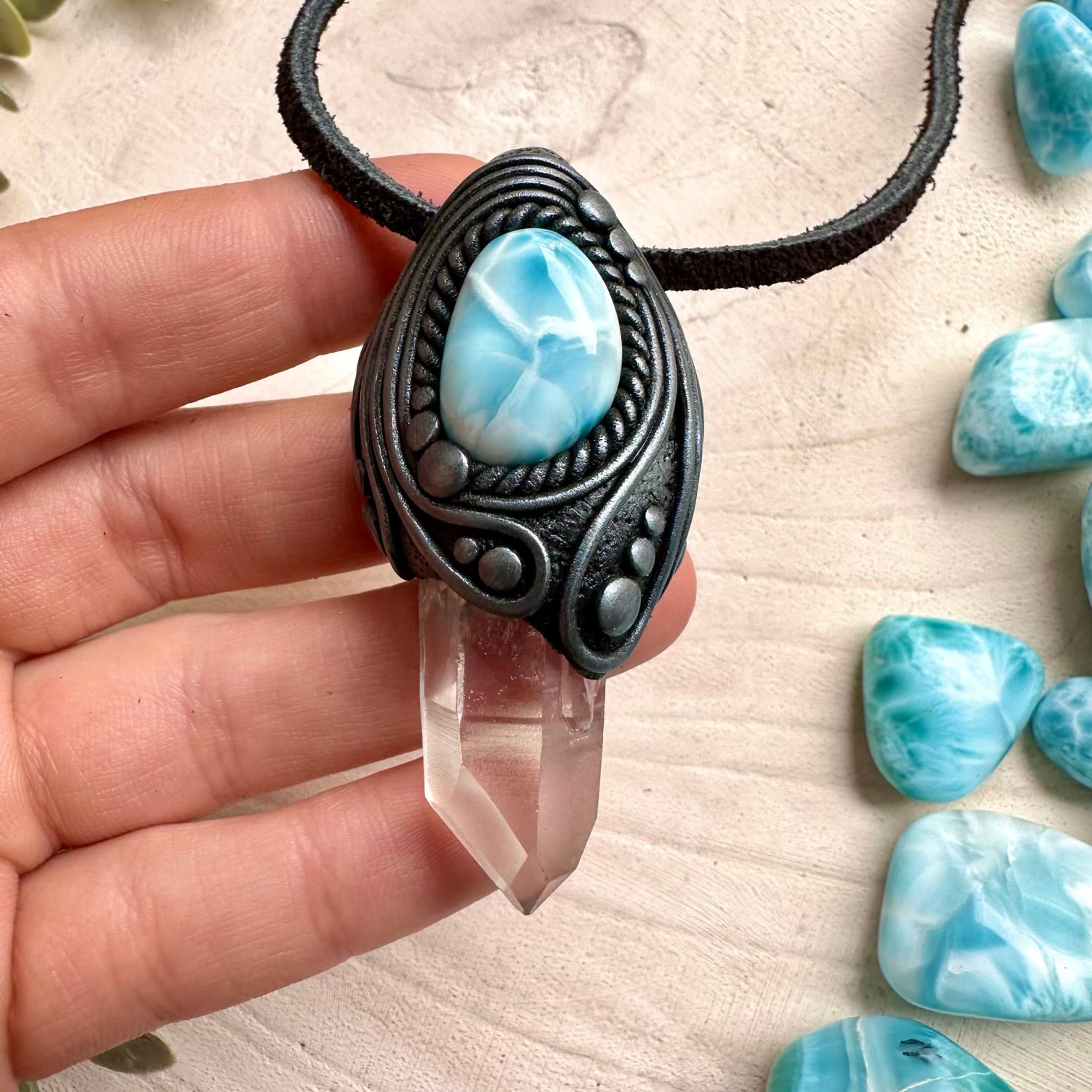 Lemurian seed quartz and larimar necklace