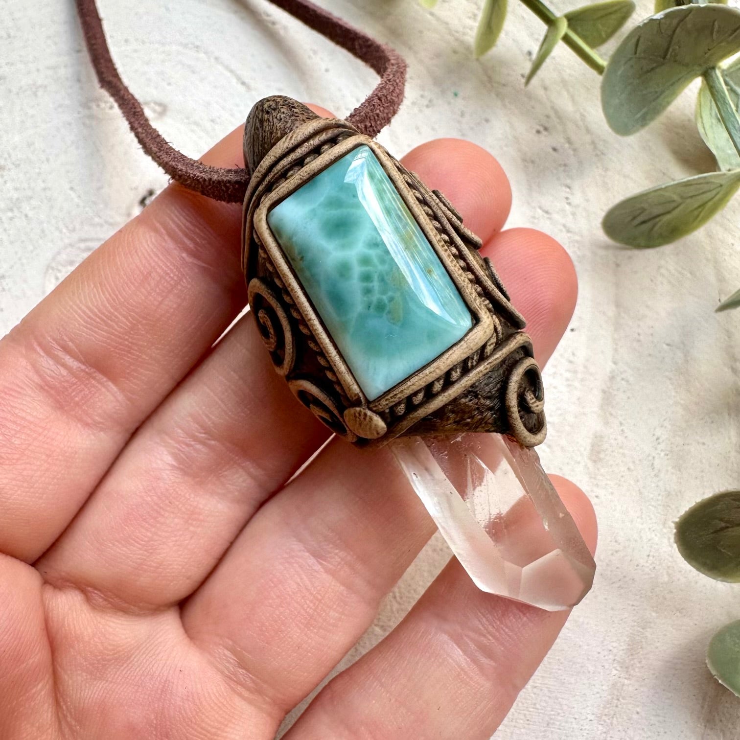 Lemurian seed quartz and larimar pendant necklace