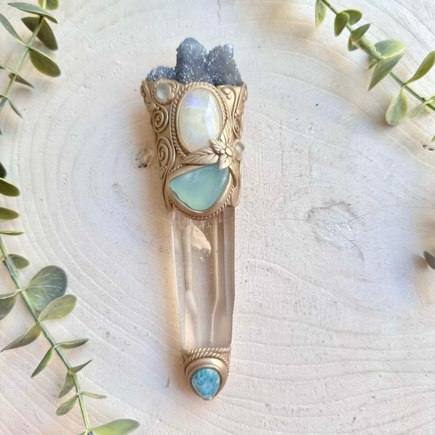 Lemurian Seed Quartz wand with Aqua Aura Spirit Quartz Aquamarine Larimar Rainbow Moonstone and Blue Topaz handmade healing crystal tool