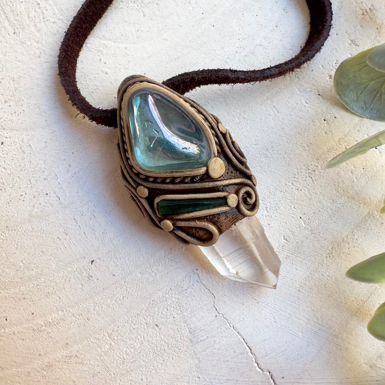 Lemurian Seed Quartz, Aqua Aura Quartz and Blue Tourmaline pendant necklace handmade with natural crystals