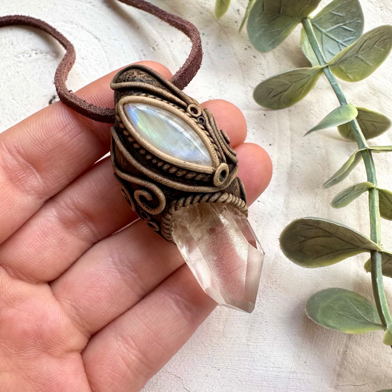 Lemurian seed quartz and rainbow moonstone necklace healing crystal jewelry