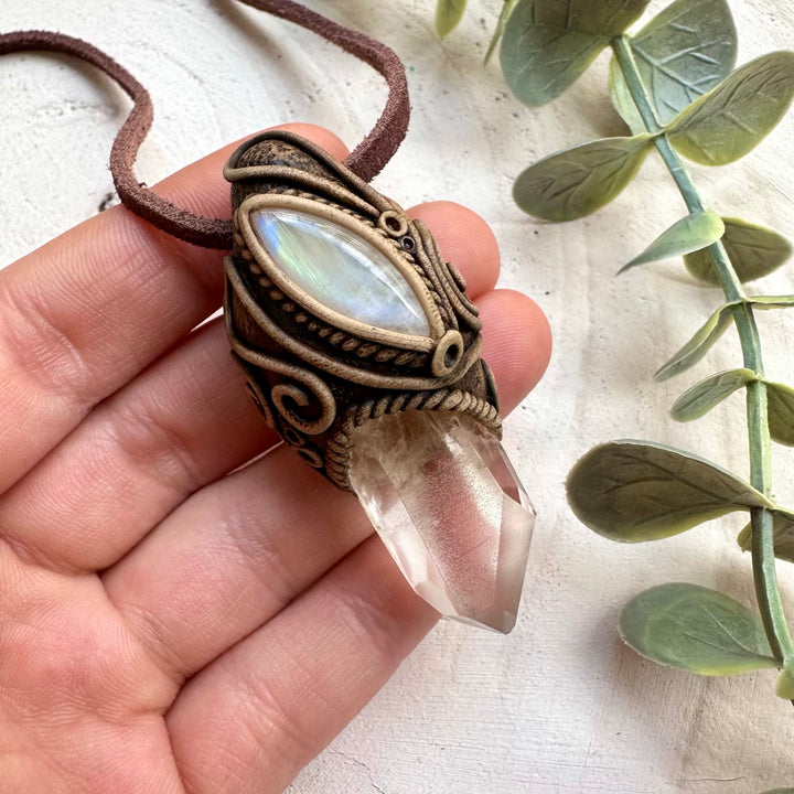 Lemurian seed quartz and rainbow moonstone necklace healing crystal jewelry