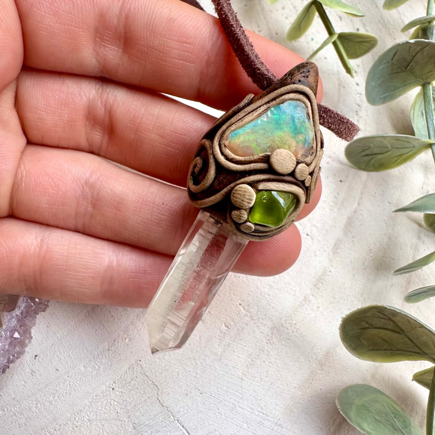 Lemurian seed quartz with raw opal and peridot pendant necklace