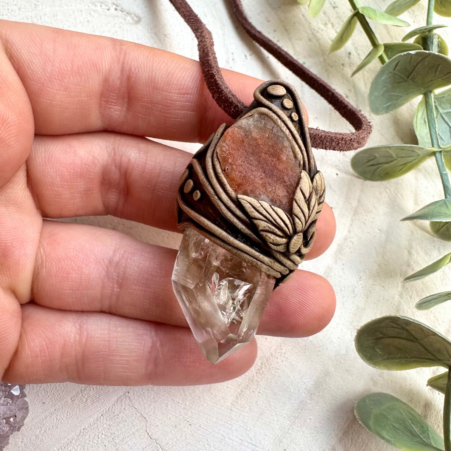 Lemurian seed quartz and raw sunstone necklace handmade crystal pendant