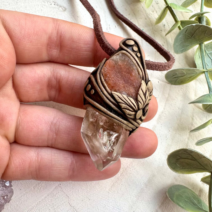 Lemurian seed quartz and raw sunstone necklace handmade crystal pendant