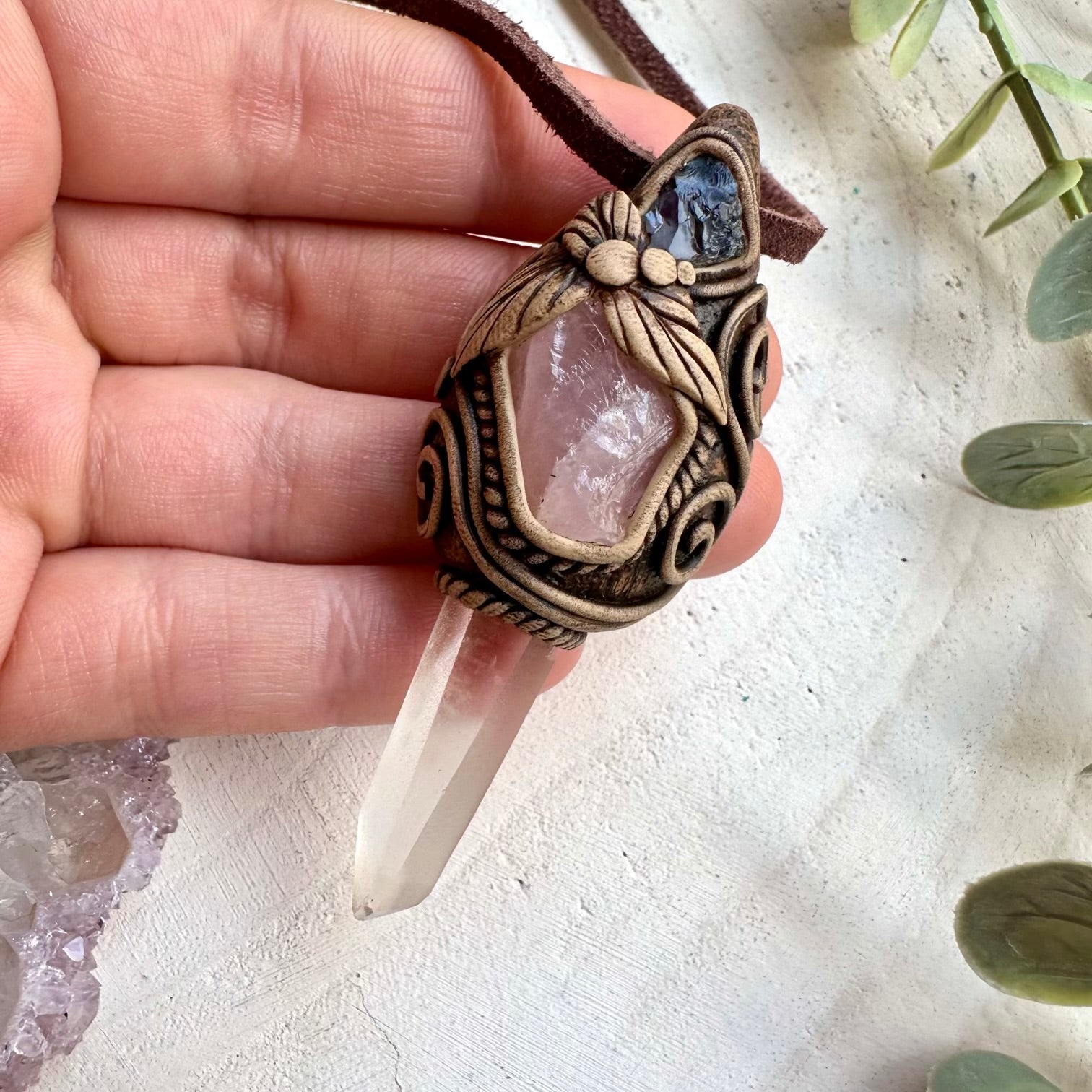 Lemurian seed quartz with rose quartz and tanzanite pendant necklace