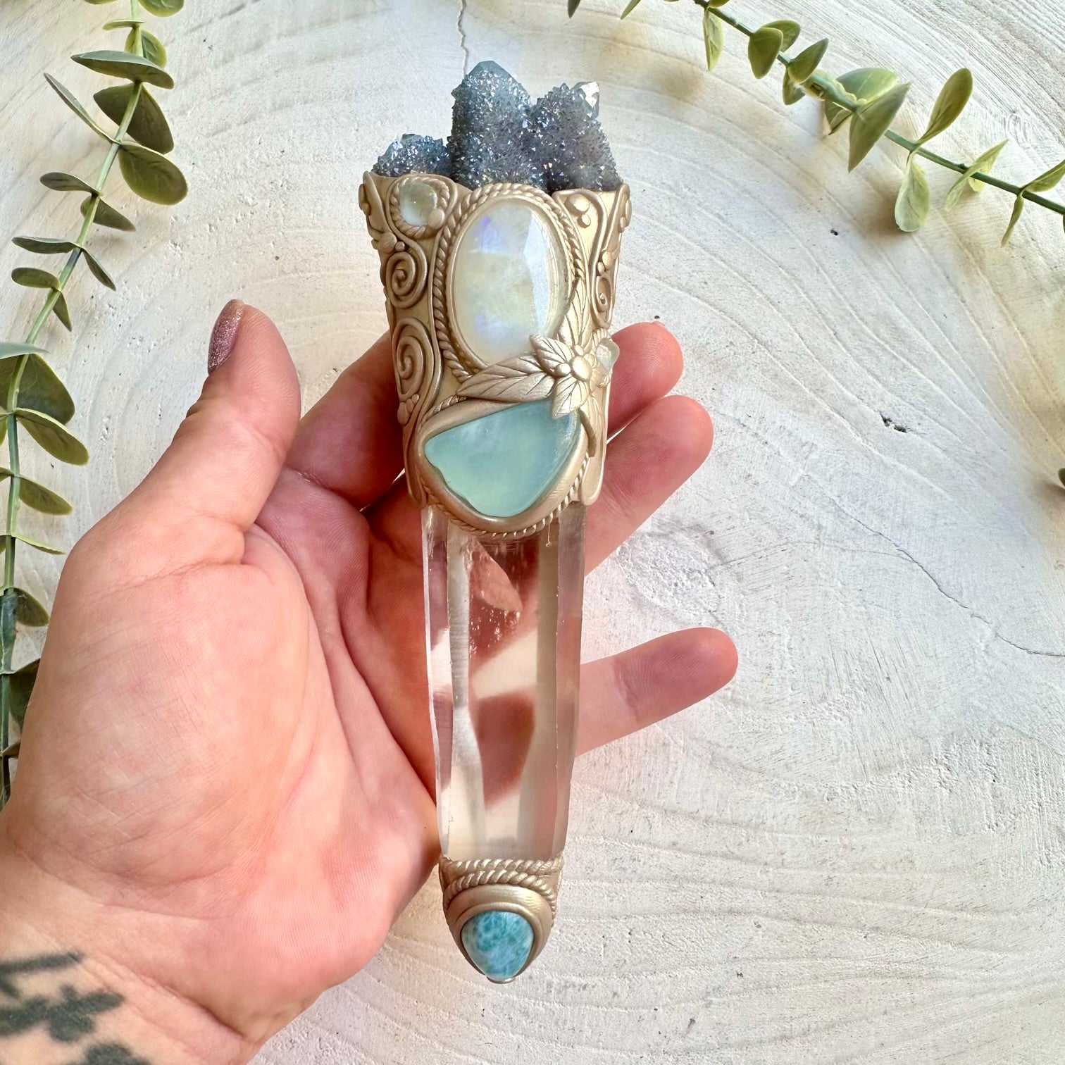 Lemurian Seed Quartz wand with Aqua Aura Spirit Quartz Aquamarine Larimar Rainbow Moonstone