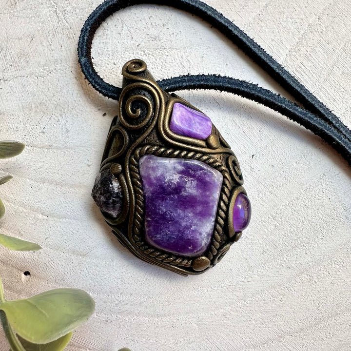 Lepidolite with amethyst charoite and scapolite pendant necklace
