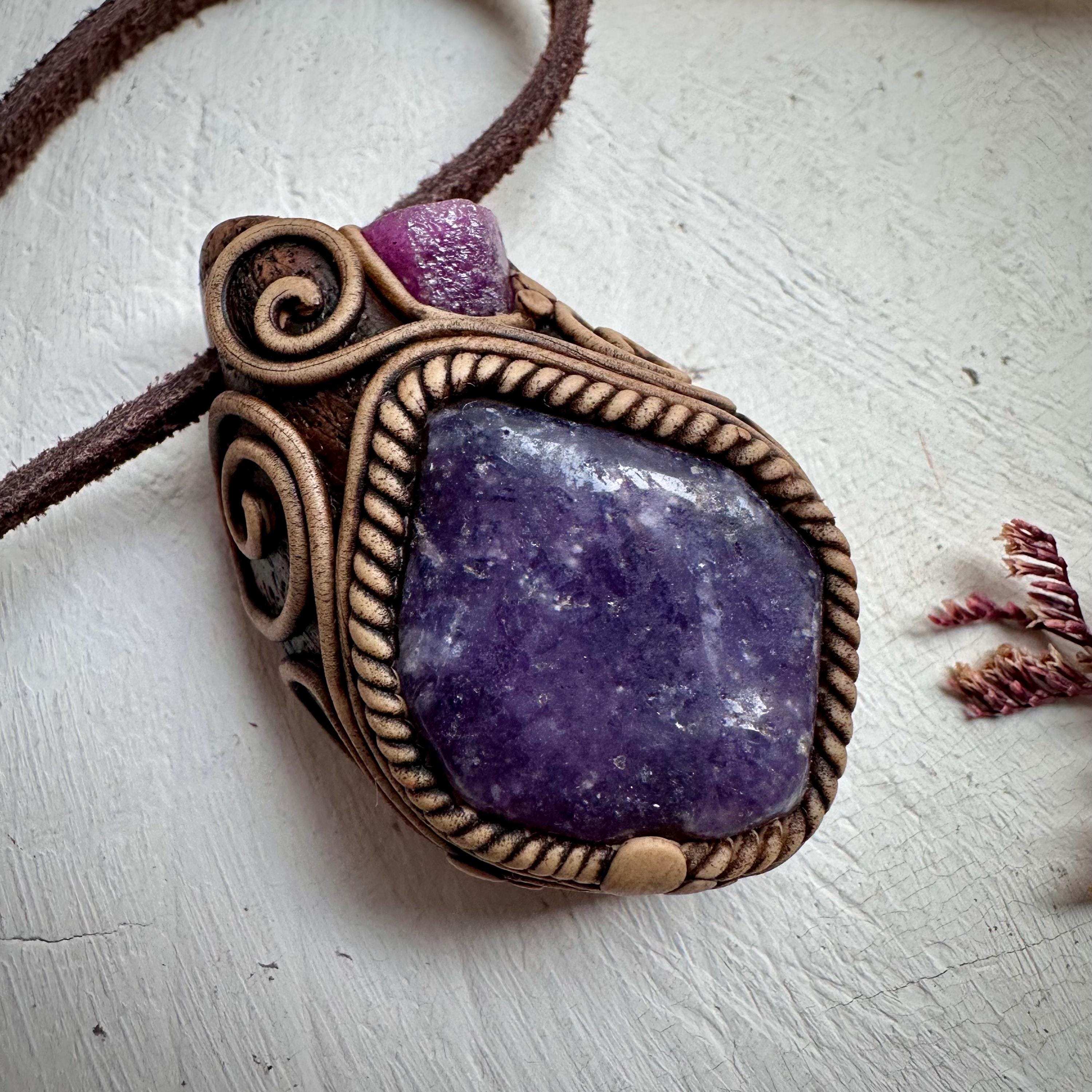 Lepidolite and Raw Ruby Pendant Necklace - FairyGardenGlow