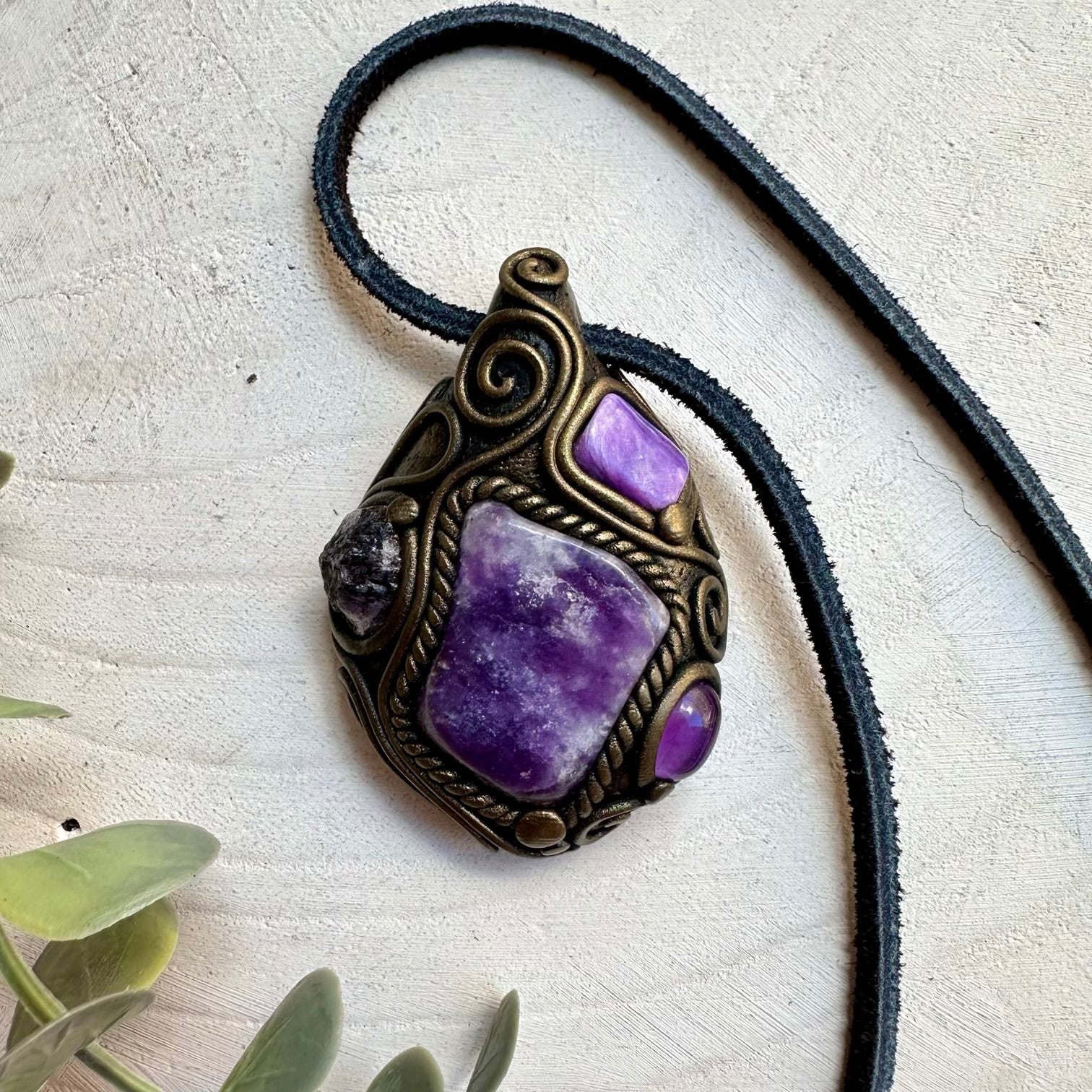 Handmade necklace with lepidolite amethyst charoite and scapolite