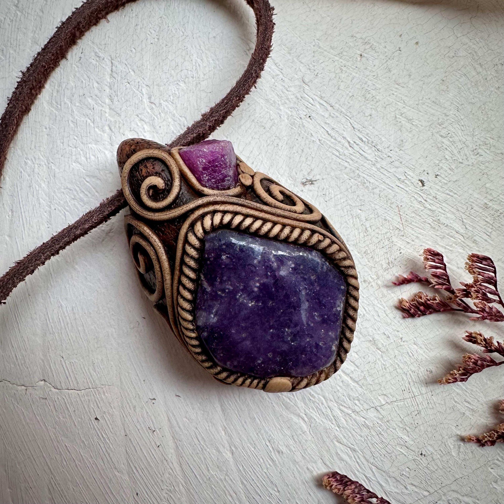 Lepidolite and Raw Ruby Pendant Necklace - FairyGardenGlow