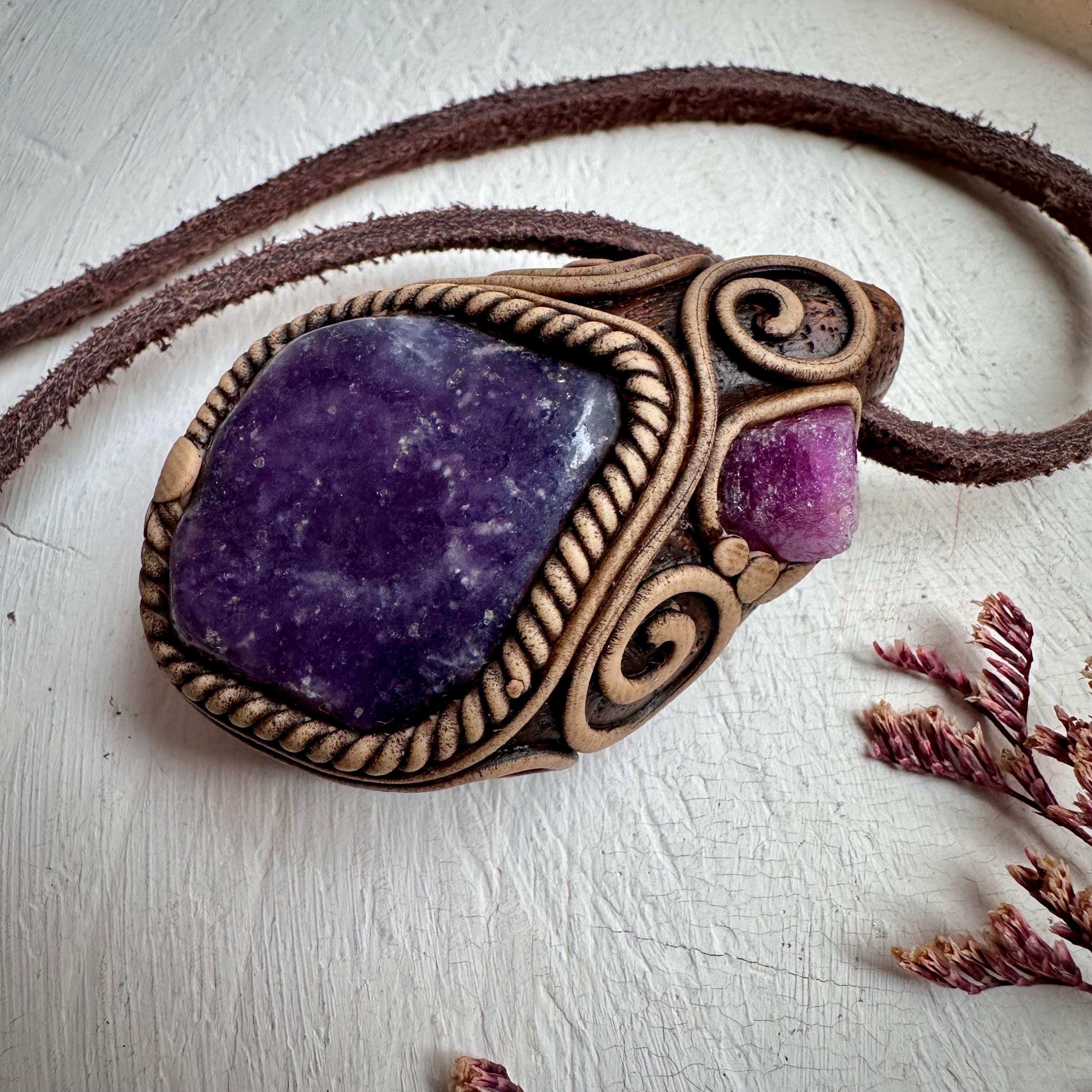 Lepidolite and Raw Ruby Pendant Necklace - FairyGardenGlow
