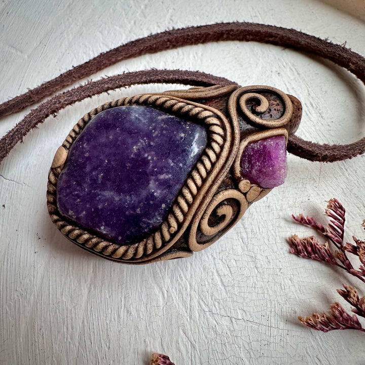 Lepidolite and Raw Ruby Pendant Necklace - FairyGardenGlow
