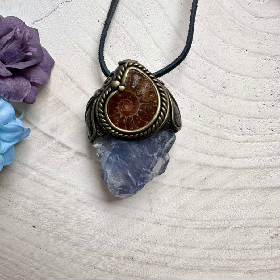 Handmade Light Blue Fluorite necklace with ancient Ammonite spiral fossil, spiritual healing jewelry talisman.