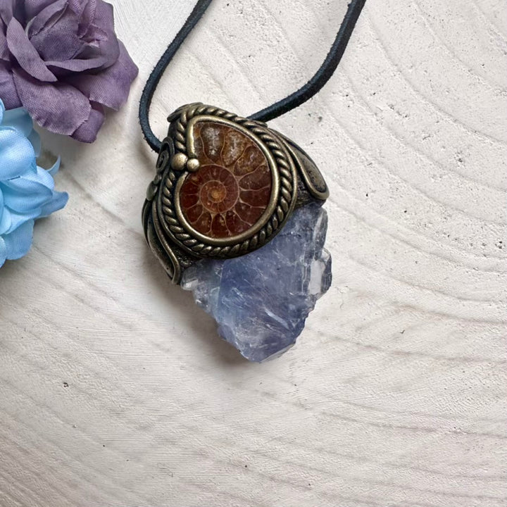 Handmade crystal necklace with Light Blue Fluorite and natural Ammonite fossil, metaphysical talisman jewelry.