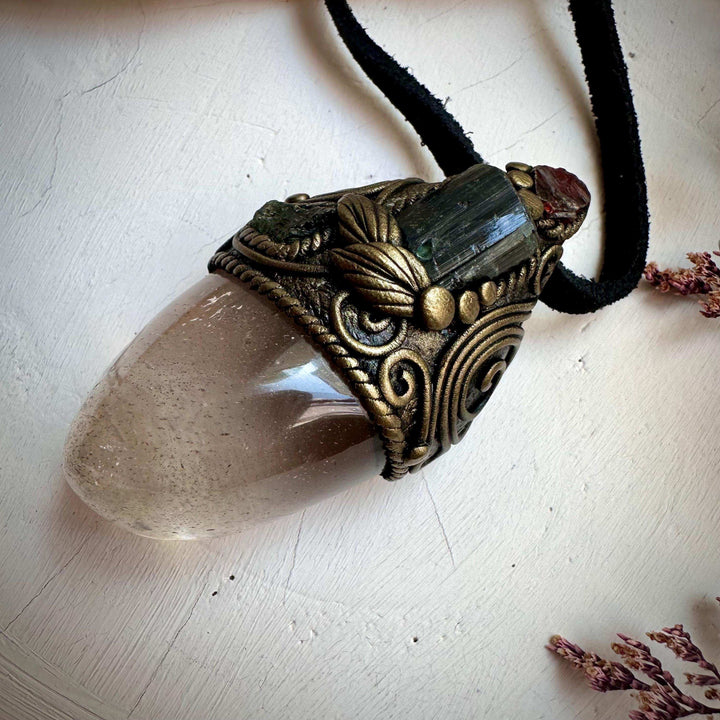 Light Smoky Quartz Green Tourmaline Red Garnet and Moldavite Pendant Necklace - FairyGardenGlow