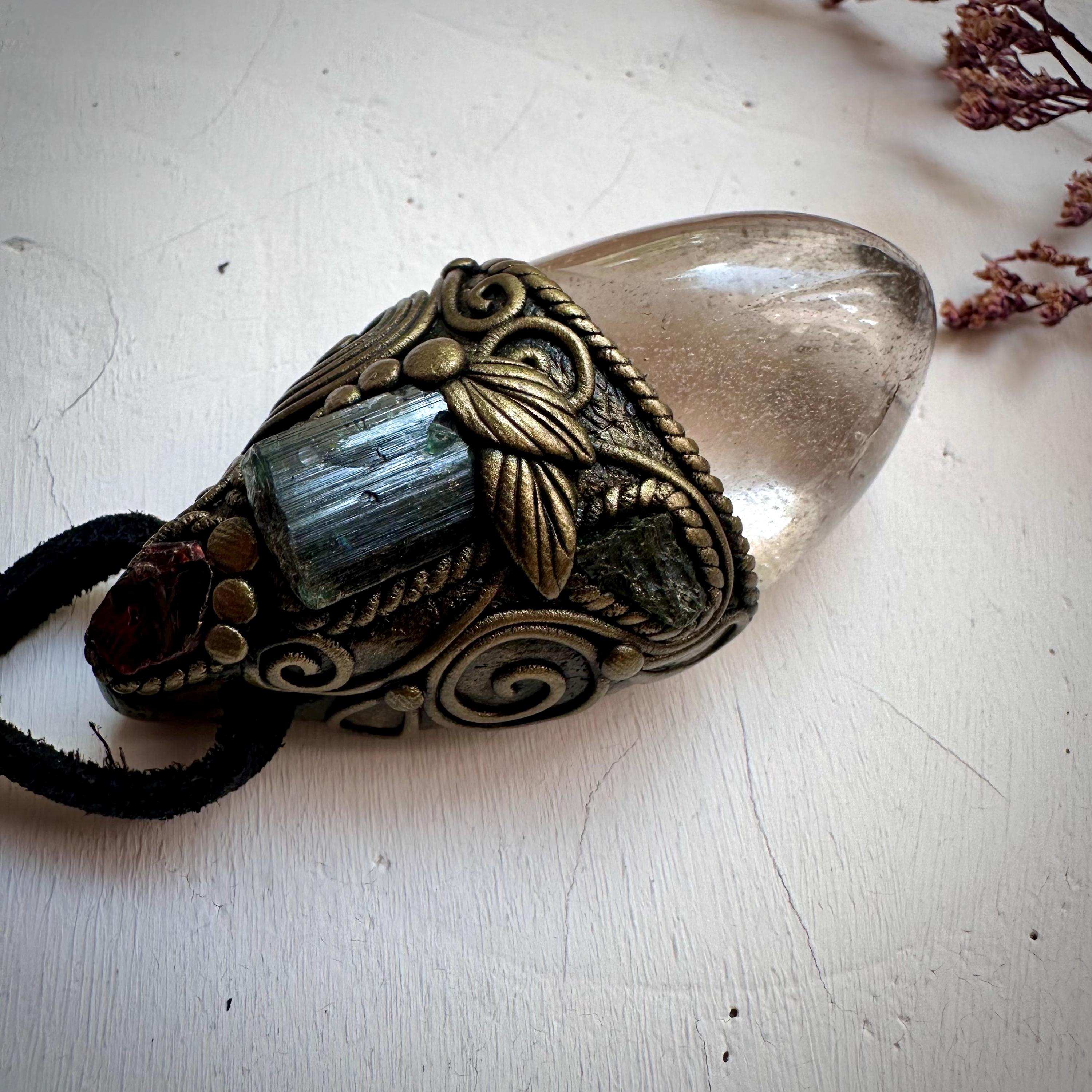 Light Smoky Quartz Green Tourmaline Red Garnet and Moldavite Pendant Necklace - FairyGardenGlow