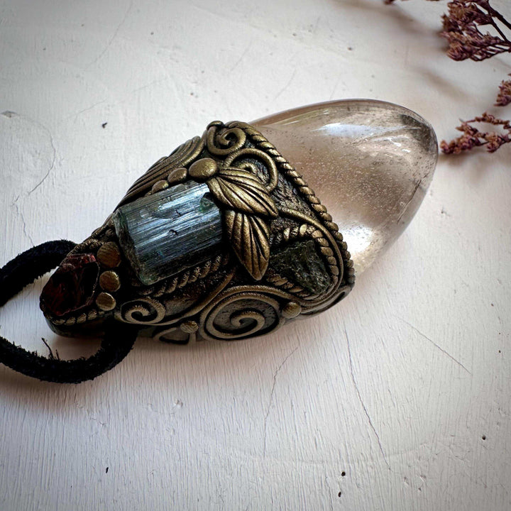 Light Smoky Quartz Green Tourmaline Red Garnet and Moldavite Pendant Necklace - FairyGardenGlow