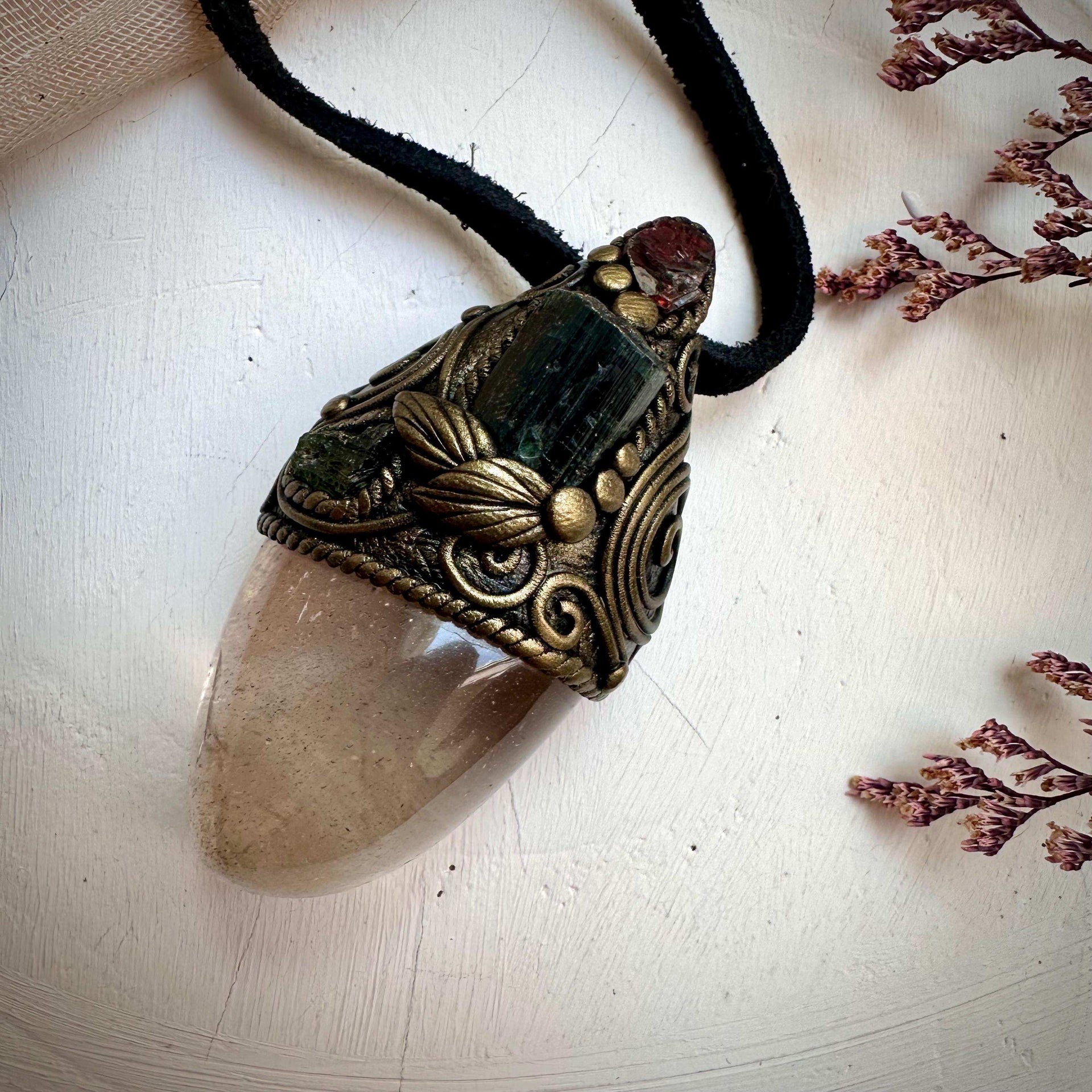 Light Smoky Quartz Green Tourmaline Red Garnet and Moldavite Pendant Necklace - FairyGardenGlow