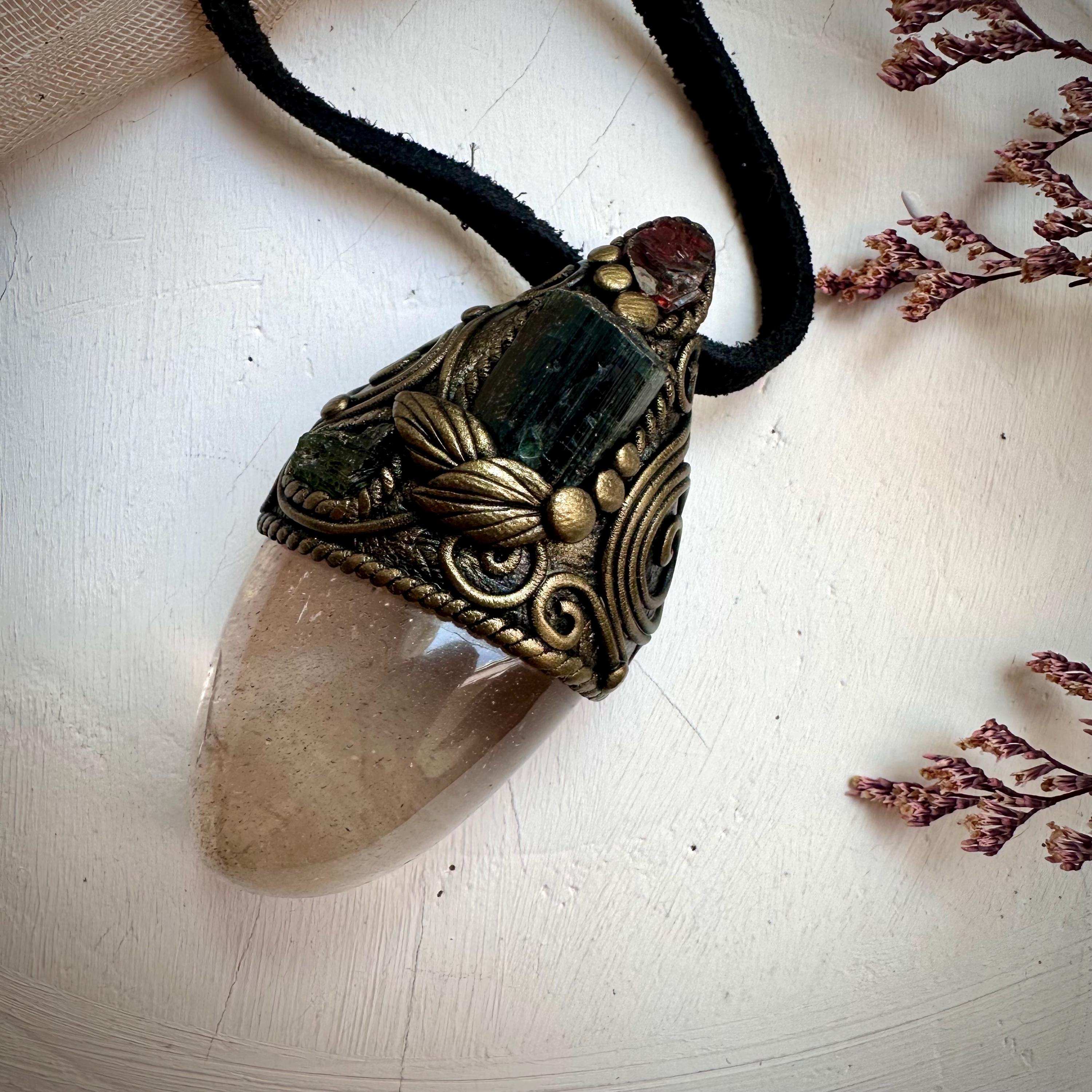 Light Smoky Quartz Green Tourmaline Red Garnet and Moldavite Pendant Necklace - FairyGardenGlow