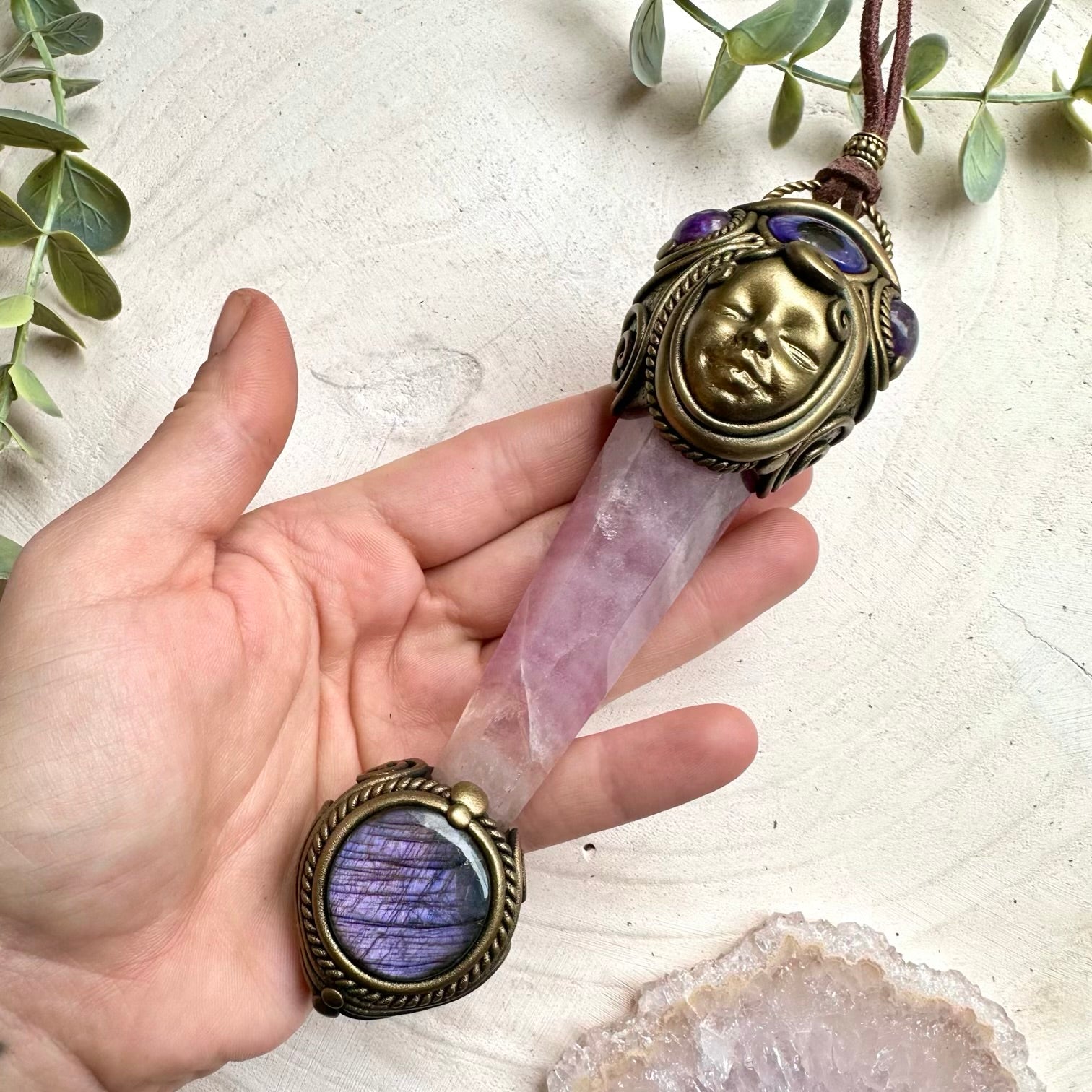 Lilac fluorite amethyst and purple labradorite third eye goddess wand pendant