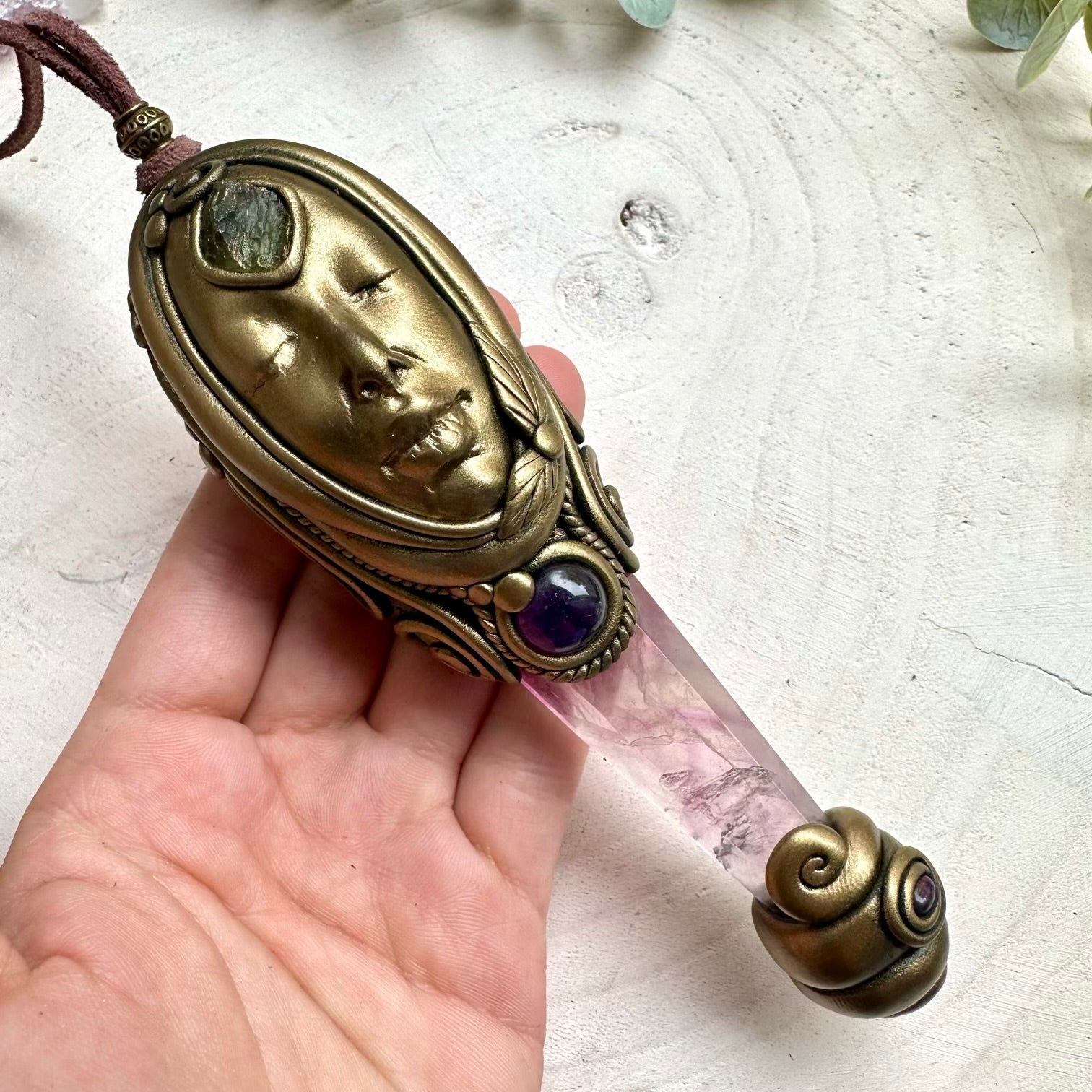 Lilac fluorite amethyst moldavite and black Ethiopian opal goddess wand pendant