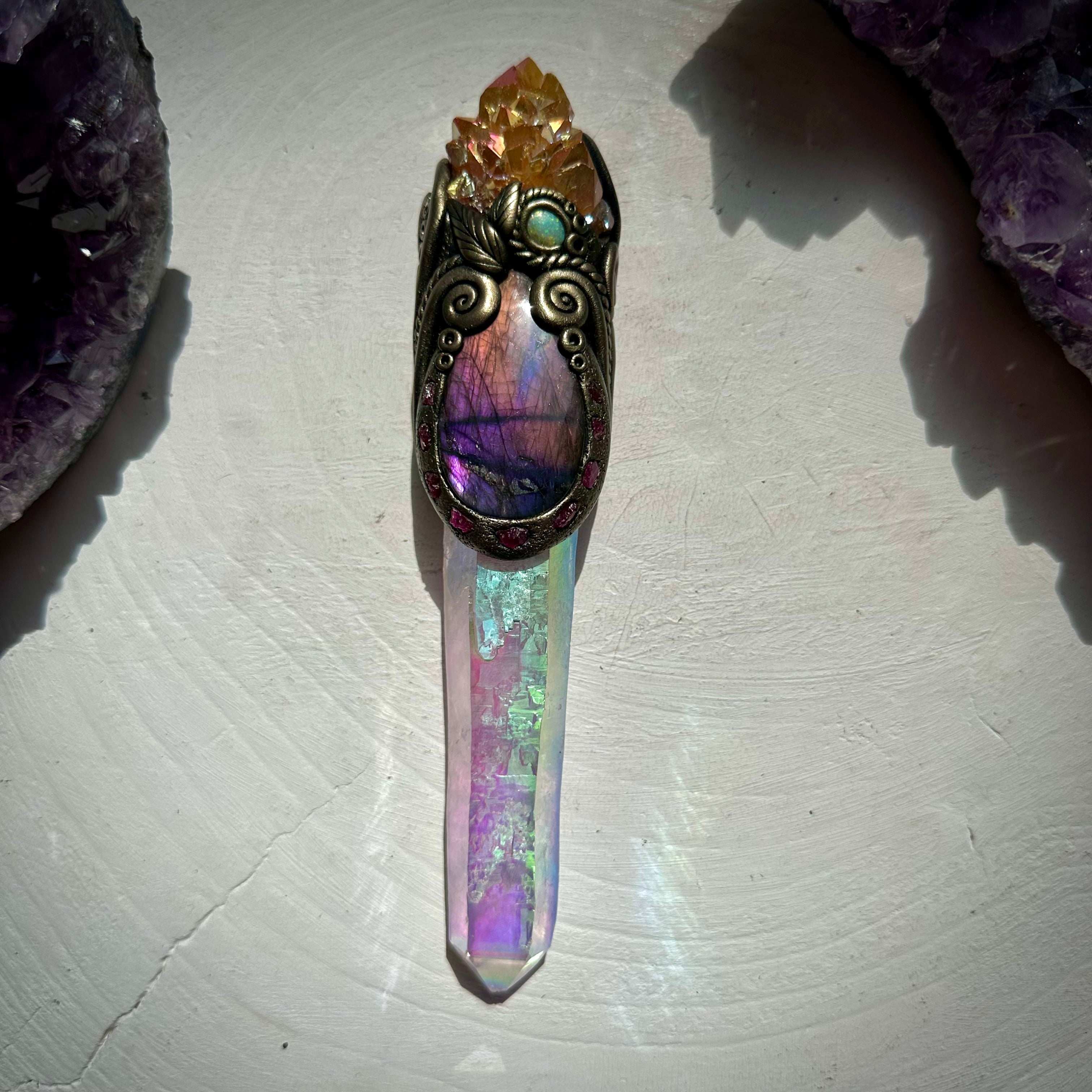 Long Angel Aura Quartz Sunset Aura Spirit Quartz Labradorite Raw Ruby and Australian Opal Wand - FairyGardenGlow