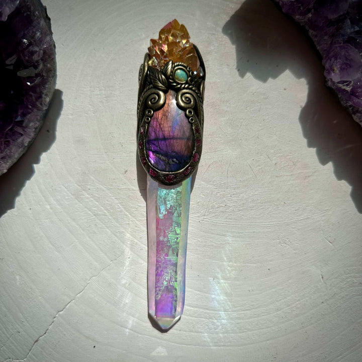 Long Angel Aura Quartz Sunset Aura Spirit Quartz Labradorite Raw Ruby and Australian Opal Wand - FairyGardenGlow