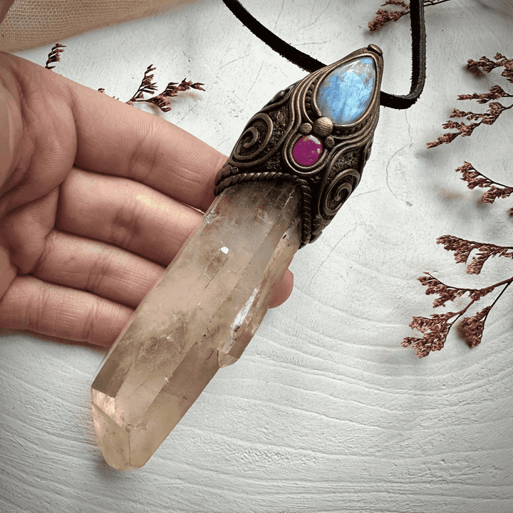 Long Citrine Point Rainbow Moonstone and Ruby Wand / Pendant - FairyGardenGlow