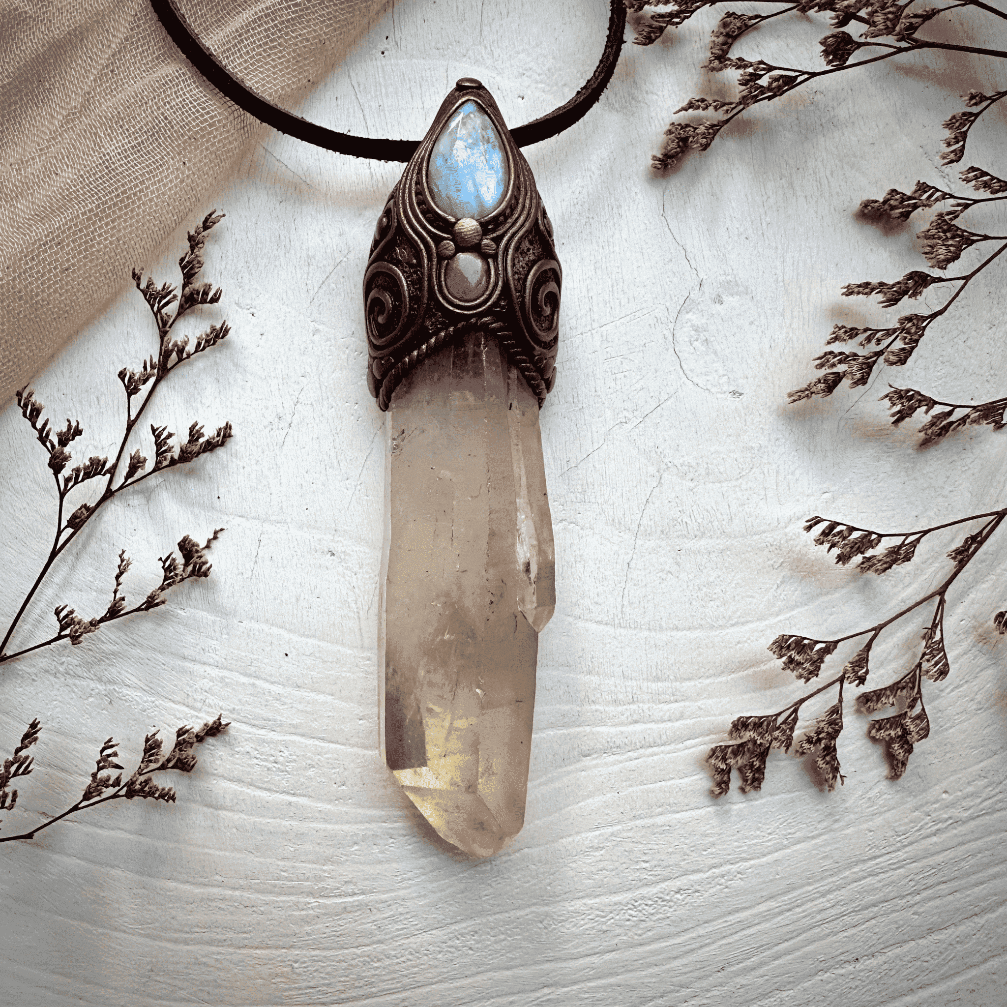 Long Citrine Point Rainbow Moonstone and Ruby Wand / Pendant - FairyGardenGlow