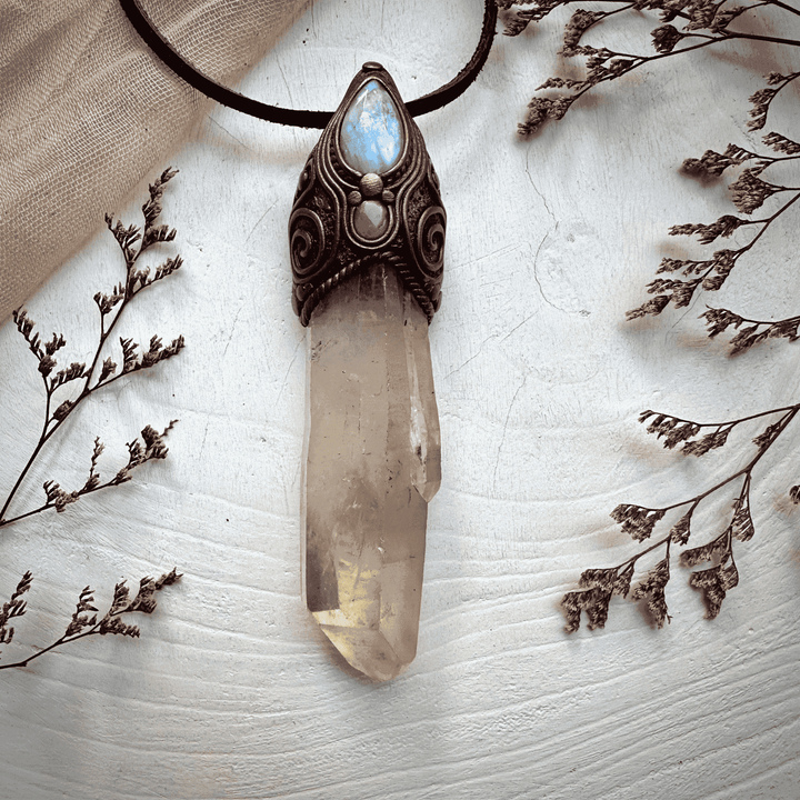 Long Citrine Point Rainbow Moonstone and Ruby Wand / Pendant - FairyGardenGlow