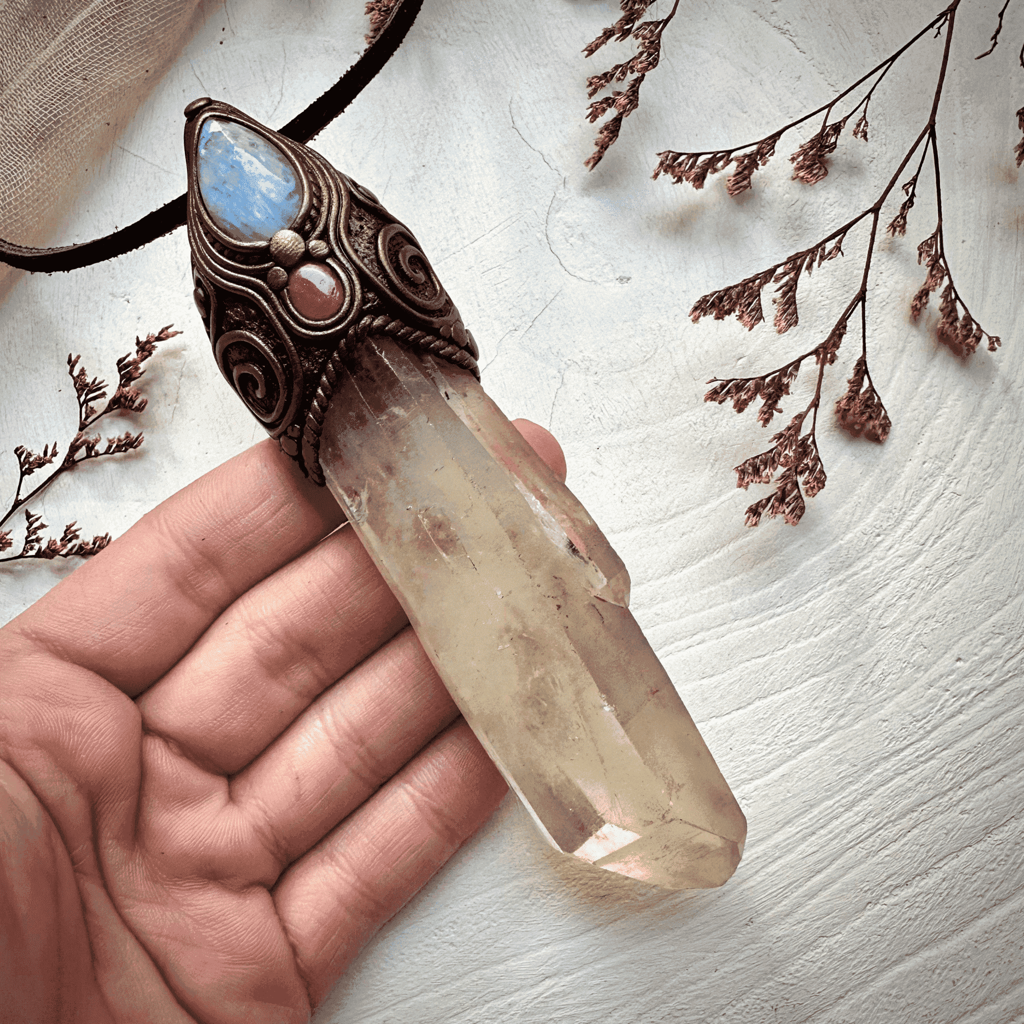 Long Citrine Point Rainbow Moonstone and Ruby Wand / Pendant - FairyGardenGlow